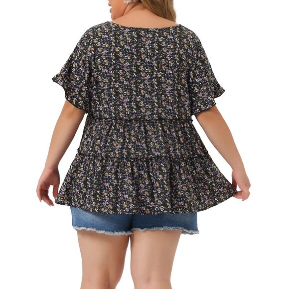 Plus Size Tops V Neck Short Sleeve Floral Babydolls Blouses Black Purple - Picture 4 of 6